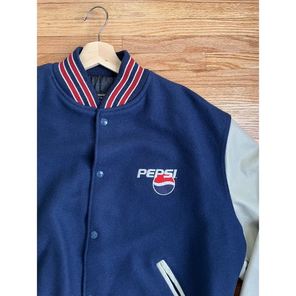 VINTAGE 1990s PEPSI LOGO BLUE RED BOMBER VARSITY LEATHER STARTER JACKET SIZE XL - Picture 6 of 7